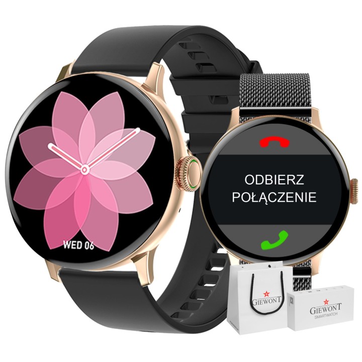 Smartwatch Damski Giewont GW330-5 Różowe Złoto-Czarny Pasek Silikonowy + Czarna Bransoleta