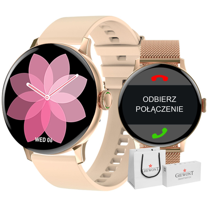 Smartwatch Giewont Różowy GW330-1 Różowe Złoto-Róż Pudrowy Pasek Silikonowy + Bransoleta Różowe Złoto