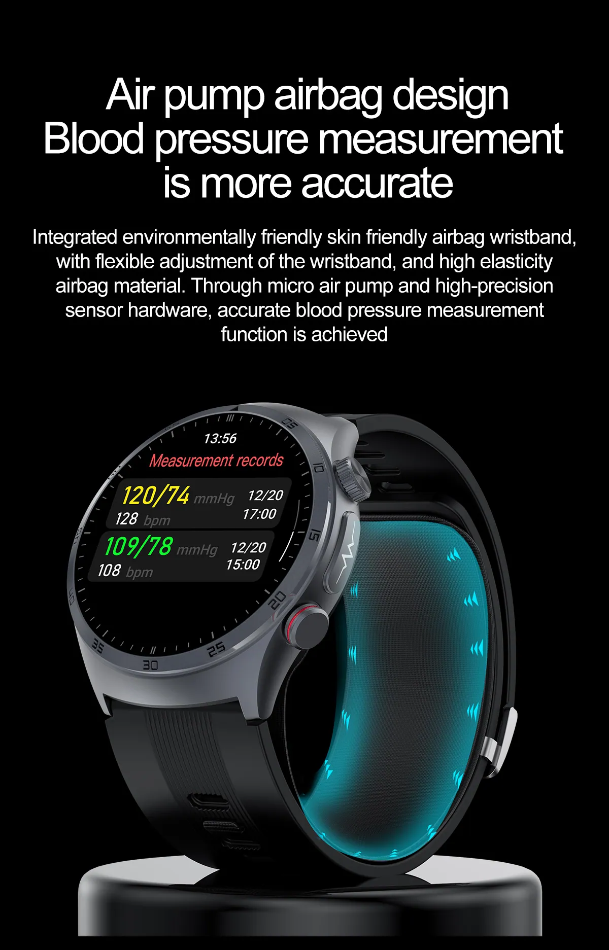 Smartwatch z technologią poduszki powietrznej i wynikami pomiaru ciśnienia
